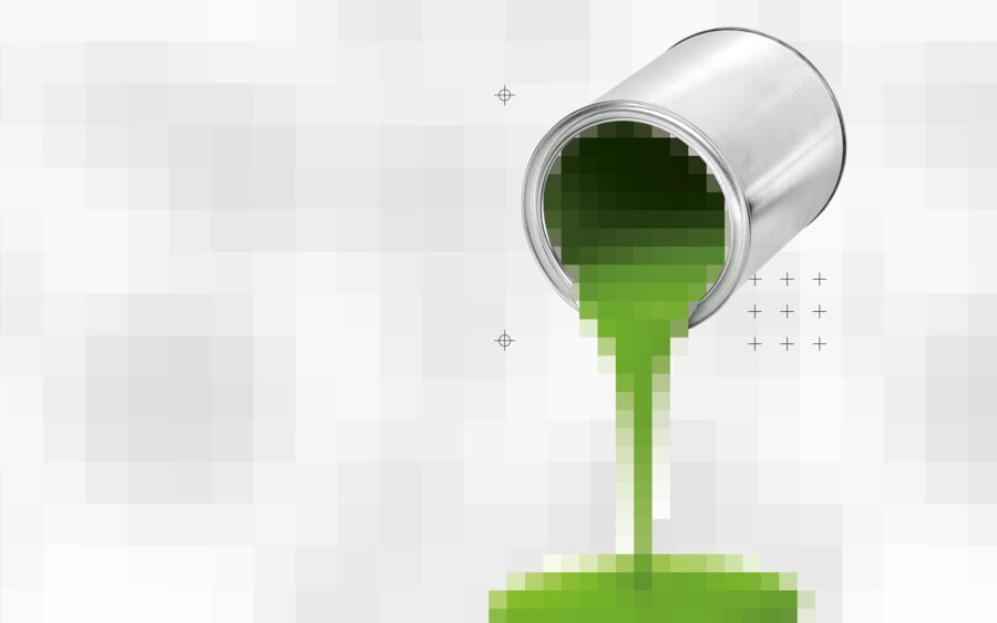 Umgekippter Farbeimer, aus dem grüne Pixelfarbe läuft