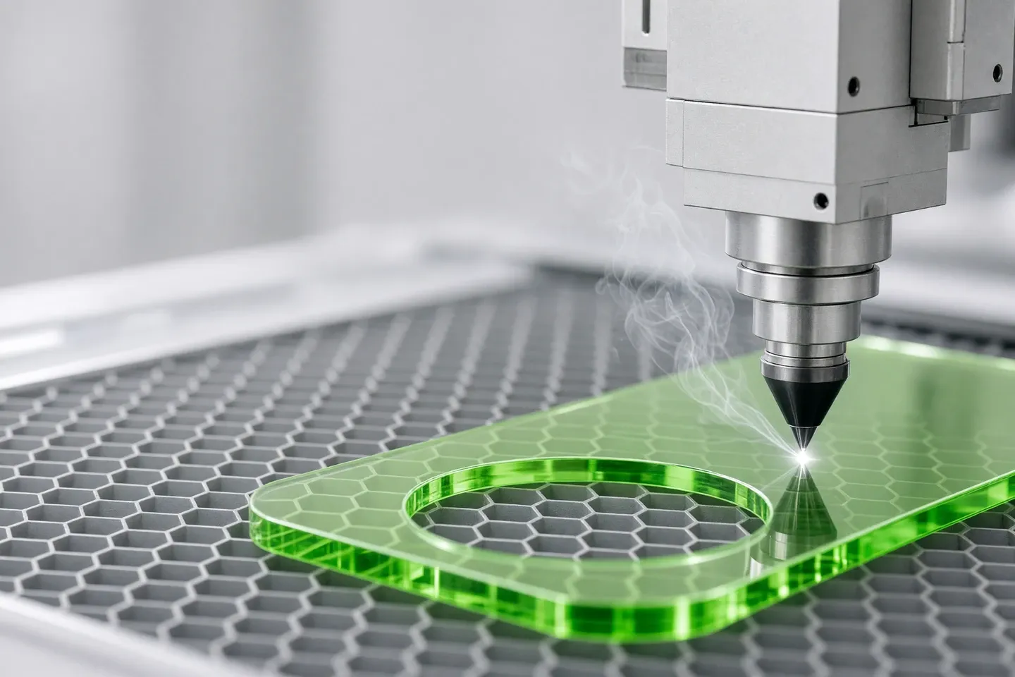 Laserkopf schneidet eine grüne Acrylglasplatte auf dem Wabentisch, die Schnittkante bleibt glatt und glänzend