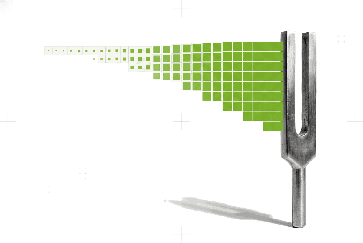 Stimmgabel, deren Ton als gruene Pixelbloecke immer kleiner wird und verklingt