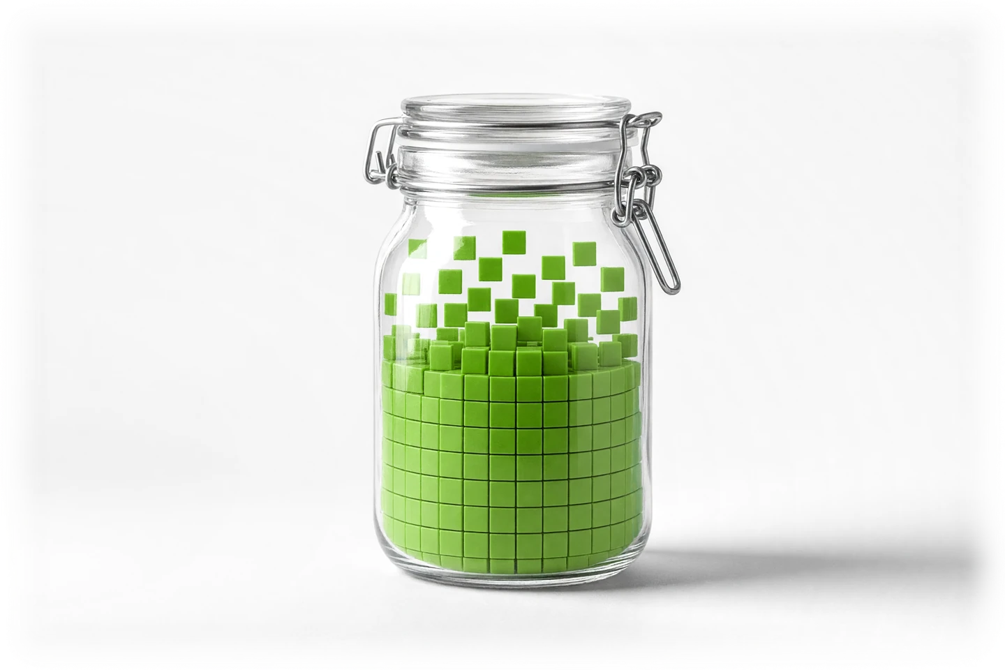 Einmachglas mit Bügelverschluss, dessen Inhalt als grüne Pixelblöcke durch das Glas sichtbar wird