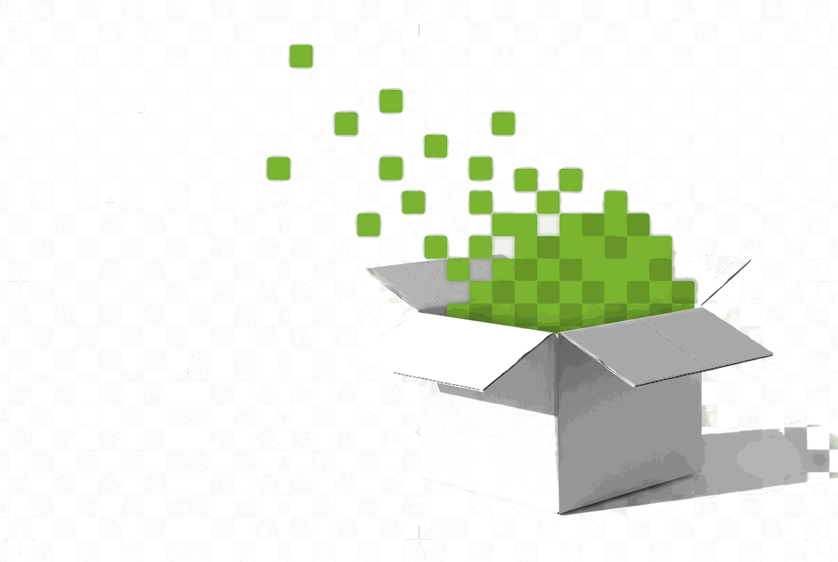 Offener Versandkarton, aus dem der Inhalt als gruene Pixelbloecke herausquillt