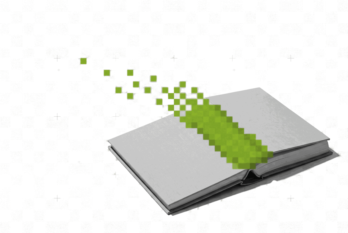 Aufgeschlagenes Buch, dessen Inhalt als grosse gruene Pixelbloecke herausstroemt