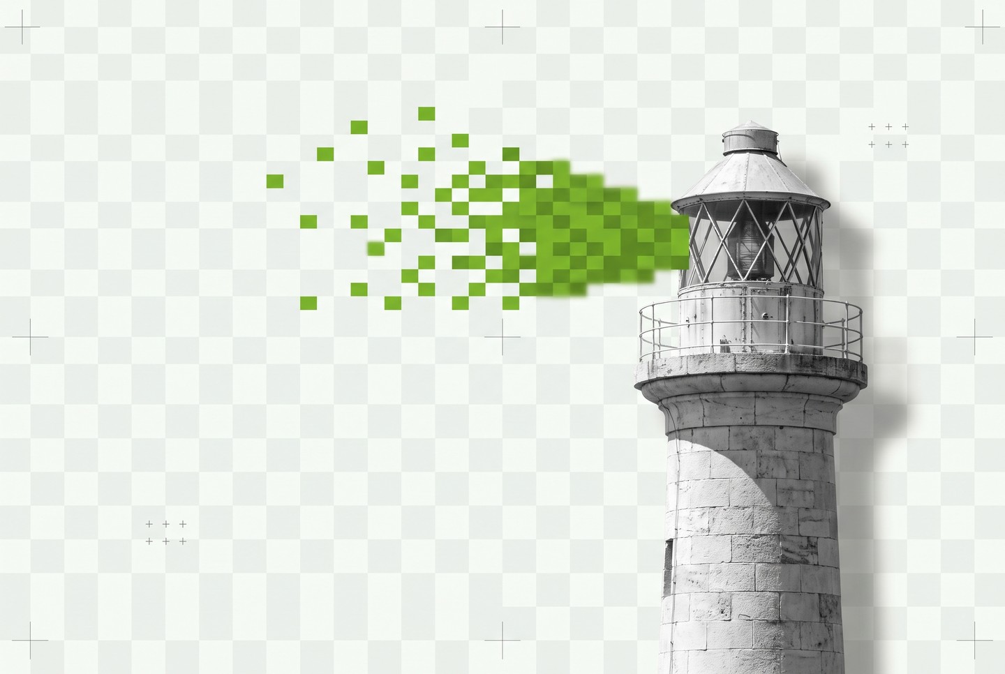 Leuchtturm, dessen Lichtkegel aus grünen Pixelblöcken besteht – Keyvisual für Schilder und Plattendirektdruck von BOLD + BRIGHT