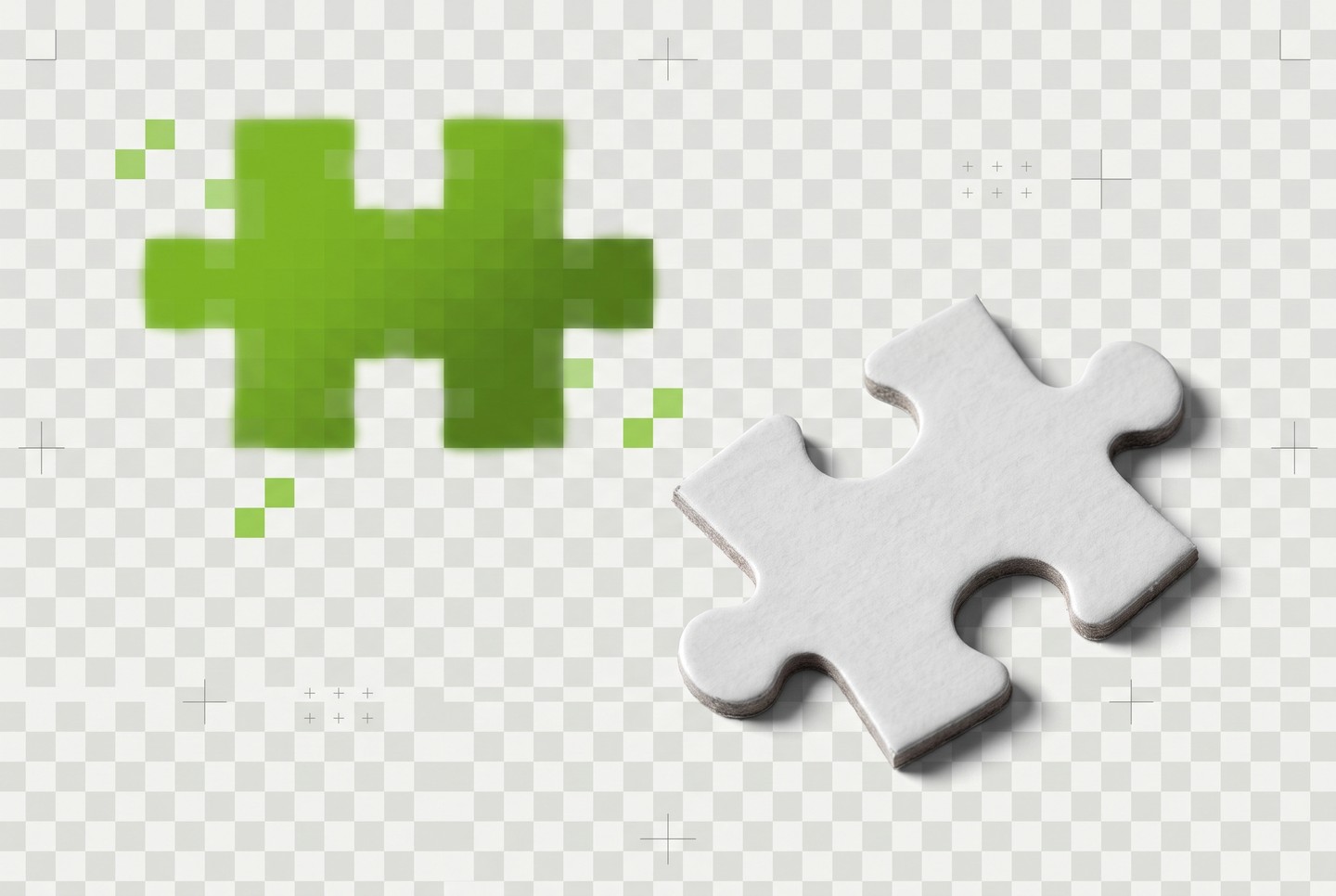Zwei ineinandergreifende Puzzleteile, eines aus grünen Pixelblöcken – Keyvisual für Sonderbau und Ladenbau von BOLD + BRIGHT