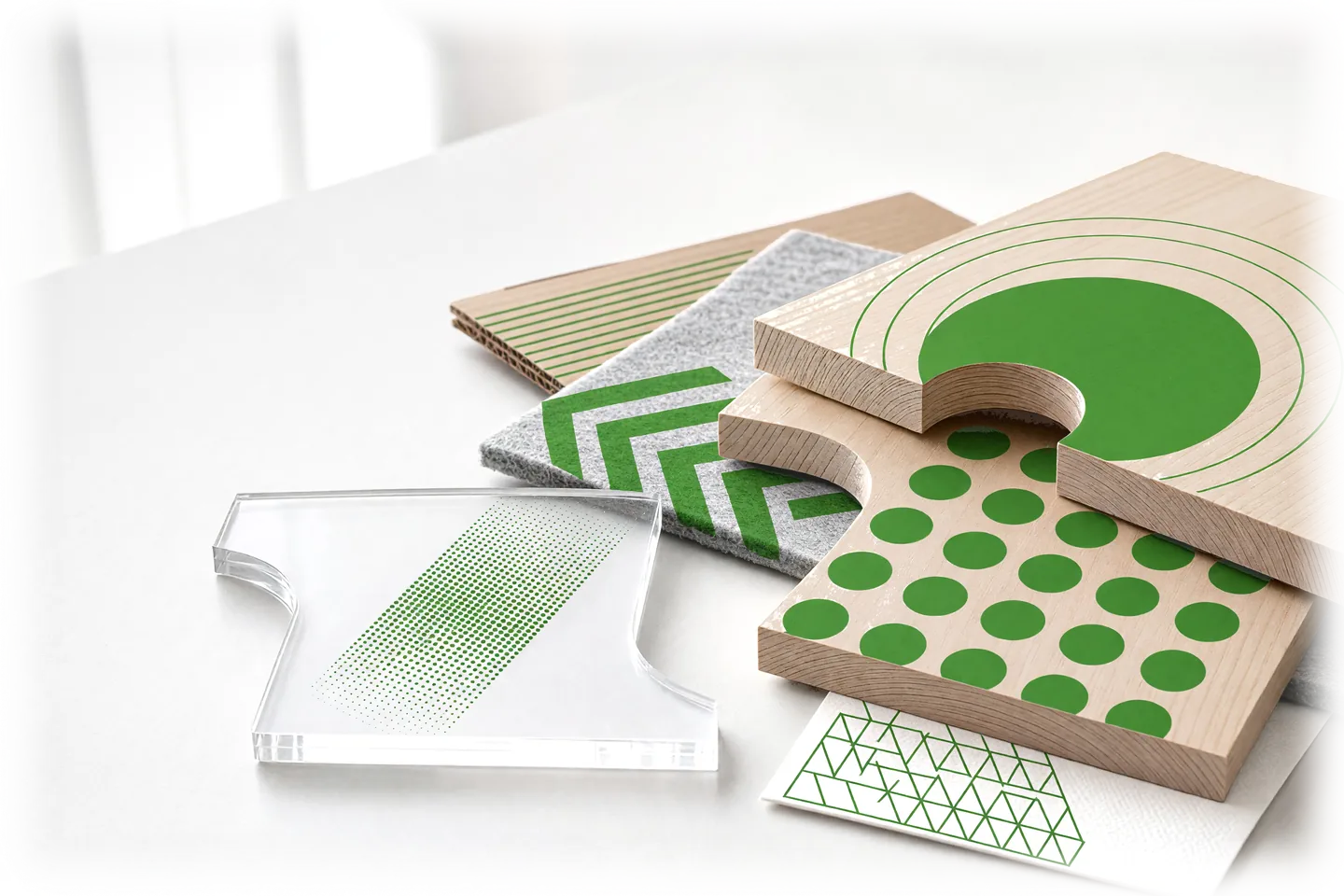 Gefräste Holzteile, gelasertes Acrylglas, Filz, Wellpappe und Papier, jeweils grün bedruckt